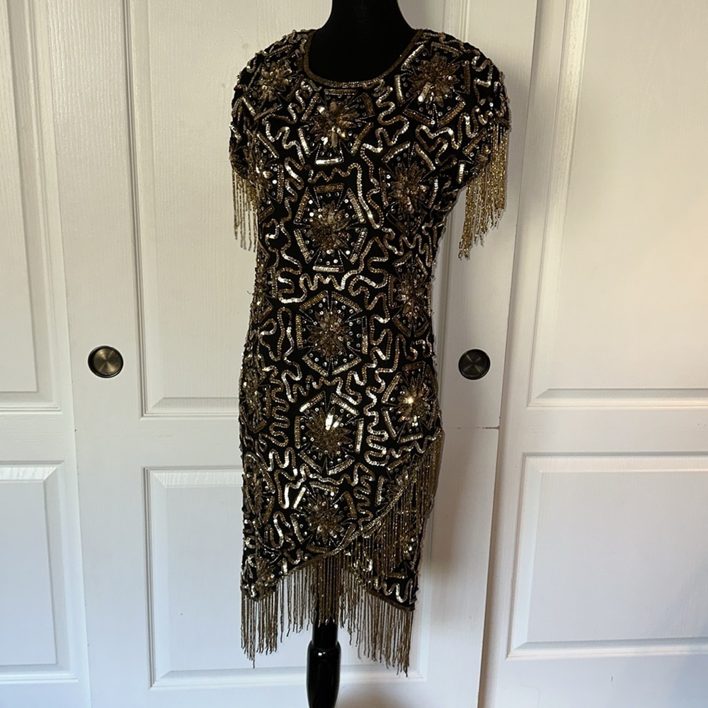 VTG CERVELLE SILK BLACK & GOLD SEQUIN BEADED FRINGE DRESS PARTY Holiday nye